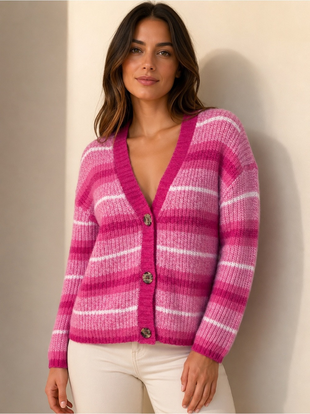 Striped Pink V-Neck Button Cardigan Sweater
